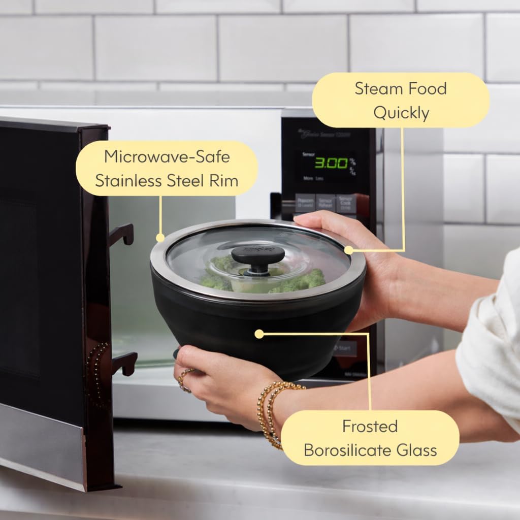 Anyday Onyx Collection 4-Piece Large Microwave Cookware Set | Glass Food Storage with Glass Lids | Plastic-Free Meal Prep | Microwave Steamer & Stackable Airtight Storage Container with Vented Lid