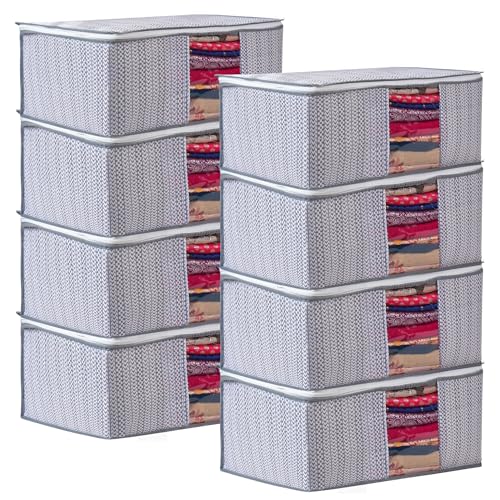 Image of Saree Storage Bags | Set of 8 Foldable Wardrobe Organizer Boxes with Transparent Window | Multipurpose Grey Storage for Clothes, Blankets & Line