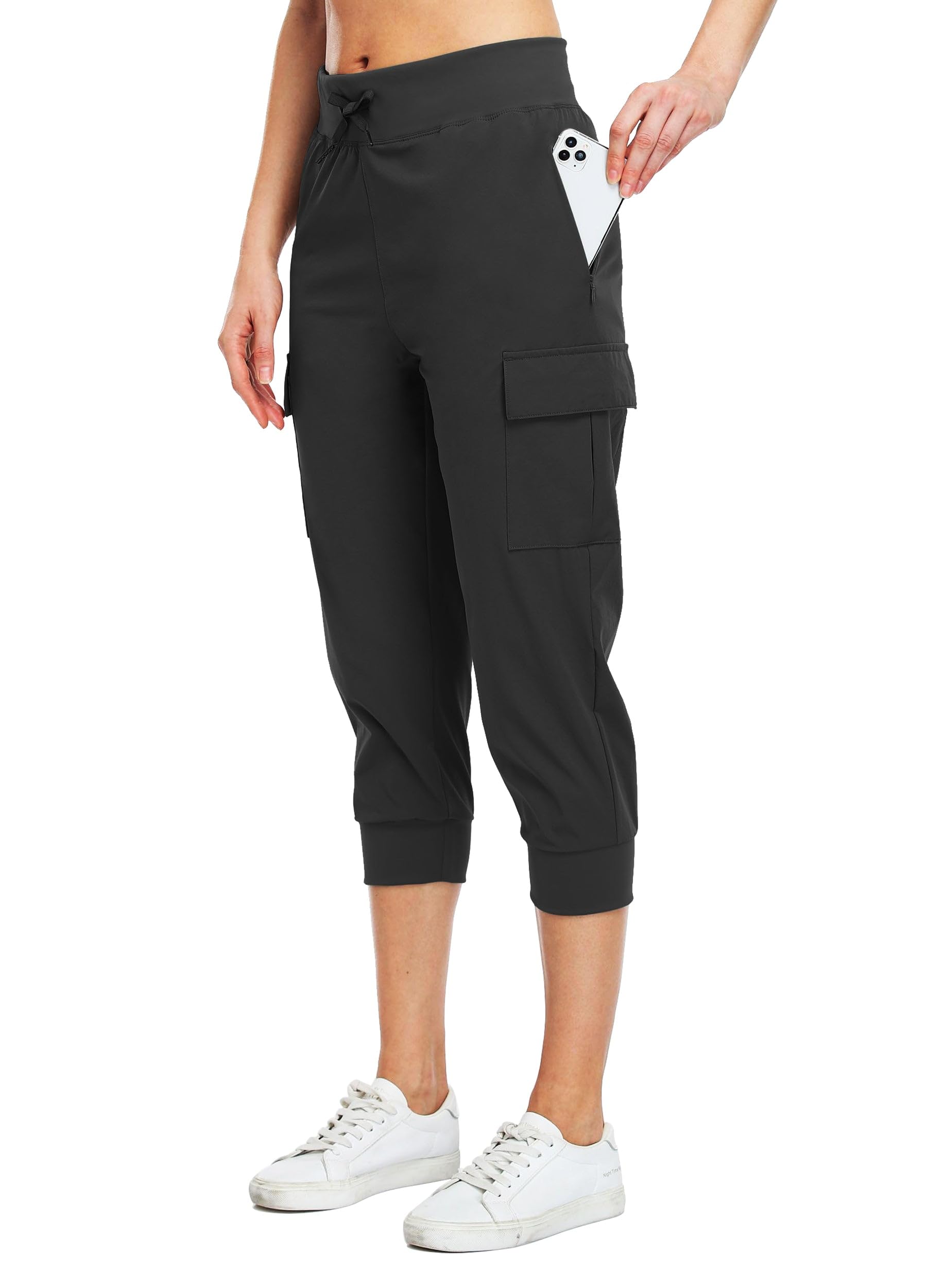 WILLIT Damen Caprihose Cargohose Jogginghose leicht Wanderhose für Workout Outdoor Schnelltrocken Athletik Wasserdicht LSF 50 mit Taschen Schwarz L