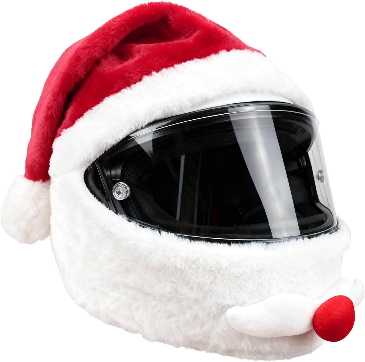 Funny Christmas Santa Motorcycle Helmet Cover, Cozy Plush Full Face Cover Santa Claus Hat with Beard & Red Nose for Helmet, Christmas Party Festive Holiday Biker Decor Headwear for Men Women