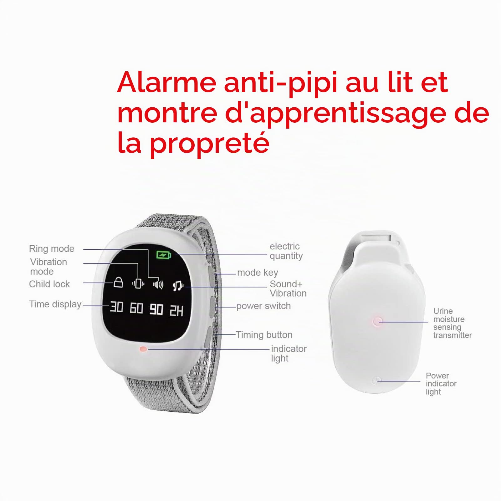 Alarme D'énurésie sans Fil, Alarme D'urine sans Fil avec Son et Vibration pour Garçons Filles, Entraînement à la propreté Unisexe, Capteur D'énurésie pour Enfants, Personnes