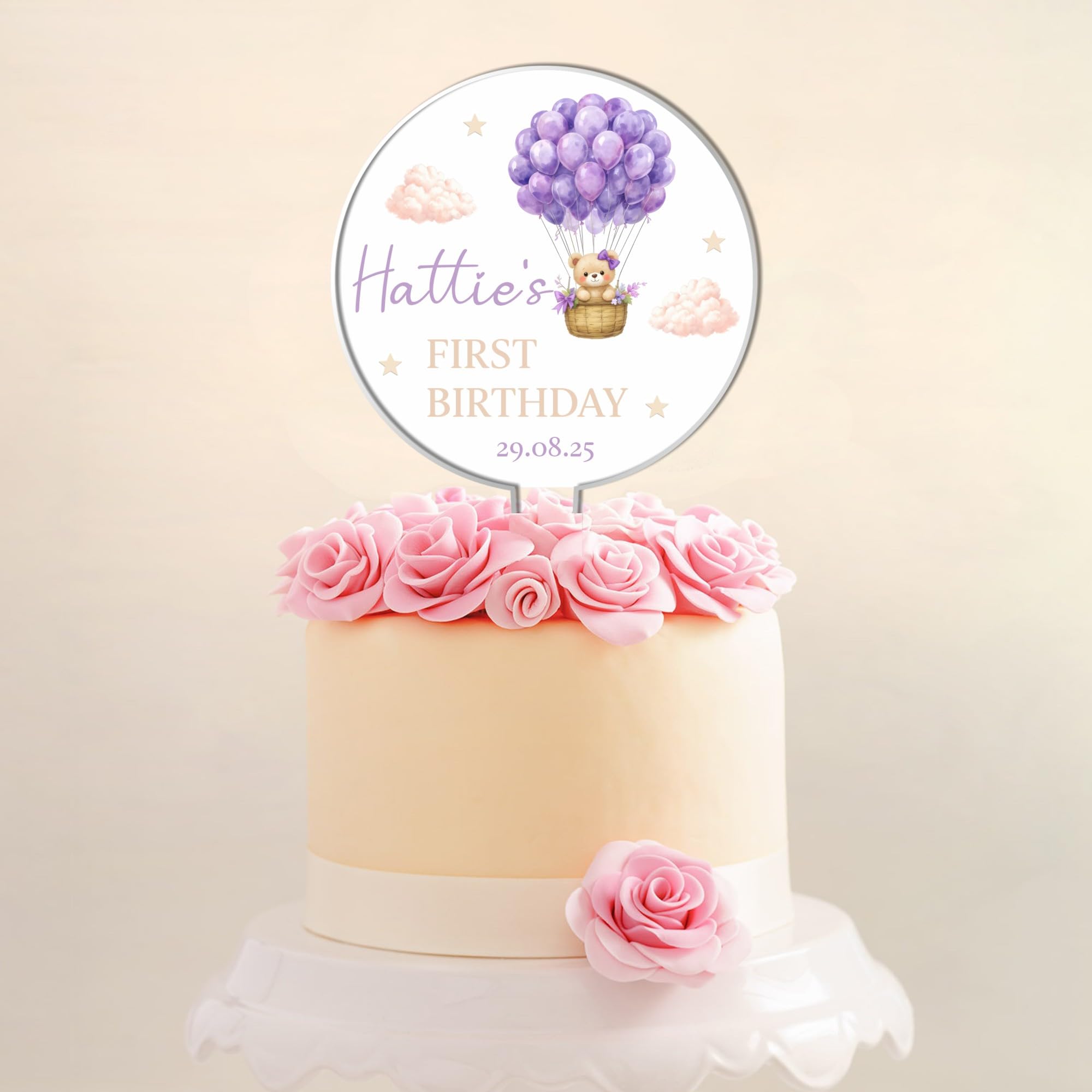 Personalised Acrylic Teddy Bear Hot Air Balloon Birthday Cake Topper – Custom Own Name Age & Date Ideal Display For 1st, 2nd, 3rd, 4th Childrens Birthdays (Purple)