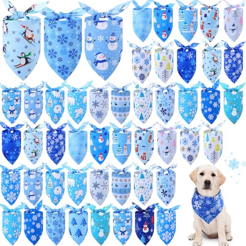 Image of Abbylike 50 Pcs Winter Dog Bandanas Bulk, Blue Snowflake Snowman Penguin