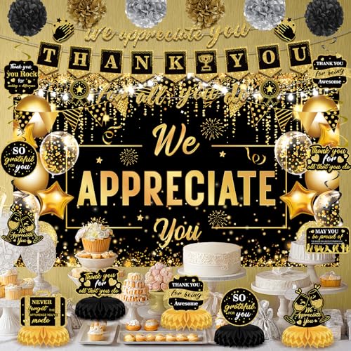 Image of We Appreciate You Party Decorations Black Gold Thank You for All You Do Banner Honeycomb Centerpieces Hanging Swirls for Office Employee Staff Appreciation Gift Pastor Teacher Party Veterans Day Decor