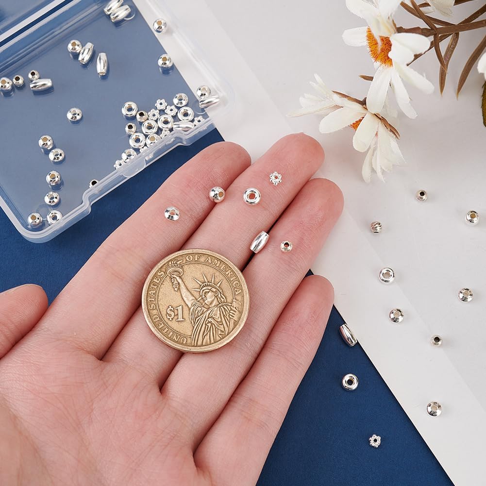 PH PandaHall 60pcs 925 Sterling Silver Beads for Jewelry Making, 6 Style Small Bracelet Spacer Beads Smooth Loose Beads Beading Supplies for Crafts Necklace Bracelets Earring Making, 3-6mm