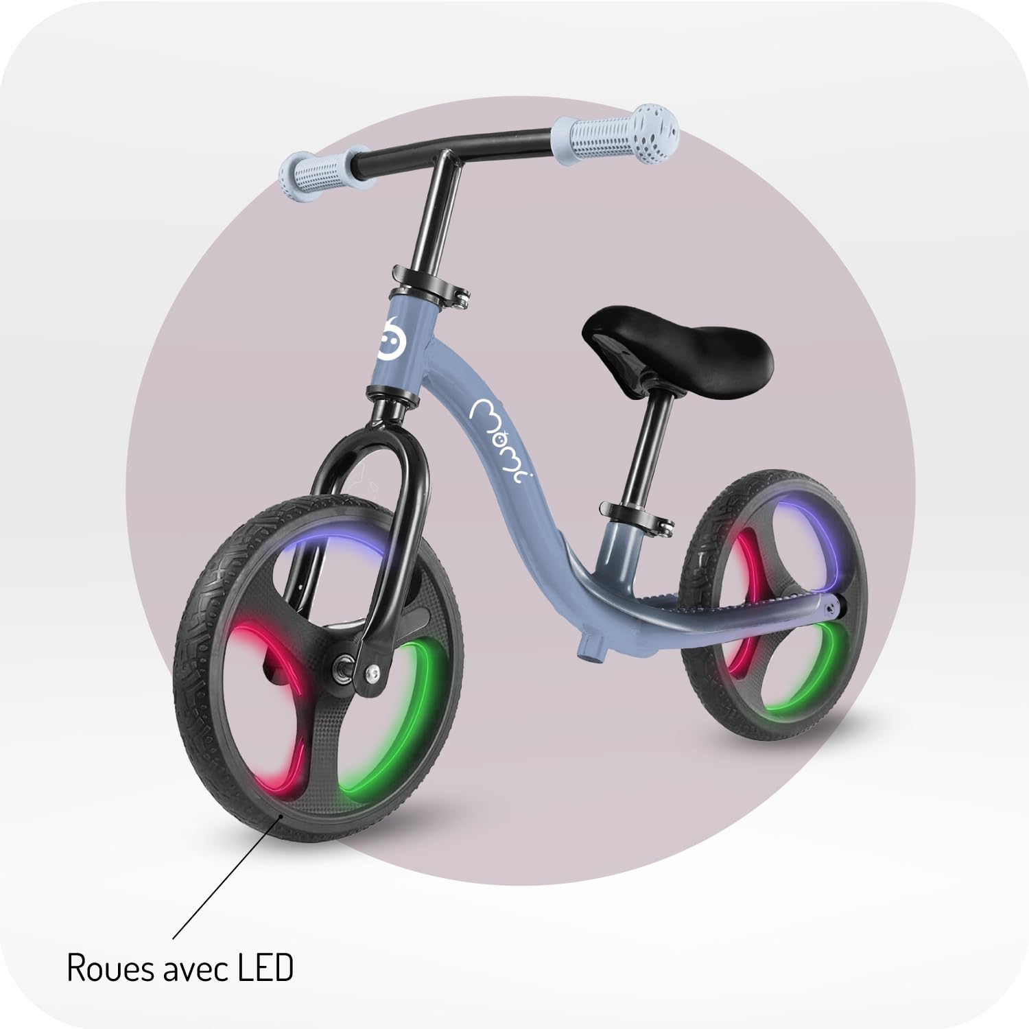 Momi Draisienne ISOKA pour Enfants dès 2 Ans (Max. 35 kg), Cadre léger 3,5 kg, réglage sans Outil de la Hauteur du Guidon et de la Selle, Roues en Caoutchouc TPR avec LED