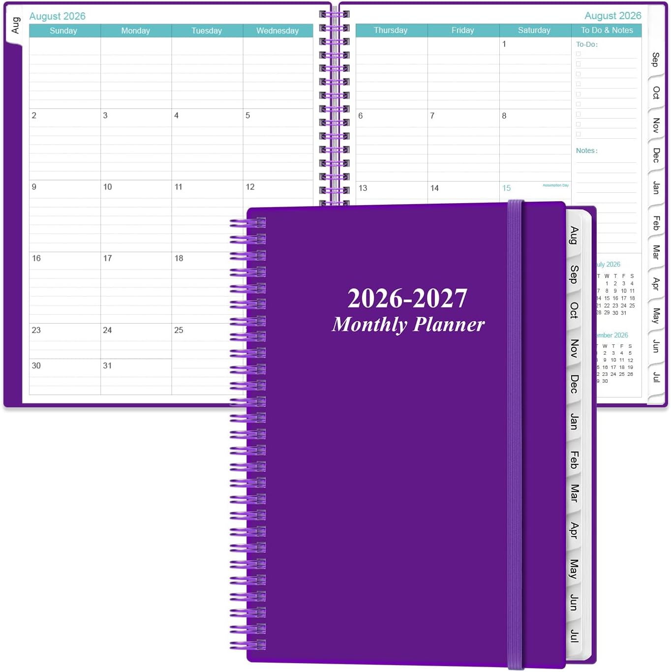 2026-2027 Monthly Planner - 17 Monthly Calendar, August 2026 - December 2027, Two Pages Per Month, 9" x11" Planner with Tabs, Strong Twin-Wire Binding, Inner Pocket, Purple