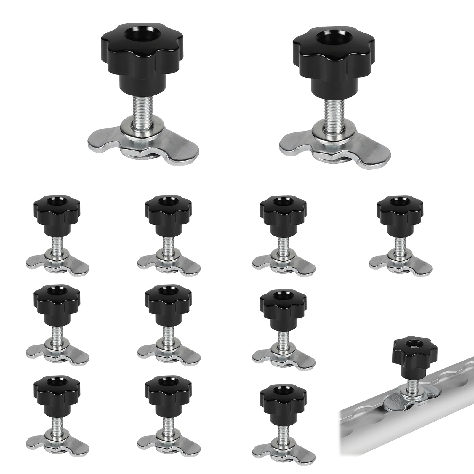 EXLECO 12X Schraubfitting Airlineschiene M8x40 Airline Fitting Airlinebeschlag Schwarz Sterngriffmutter Airlineverschraubung Zubehör Endbeschlag für Zurrschienen 500daN Verzinkt Airlineverschraubung