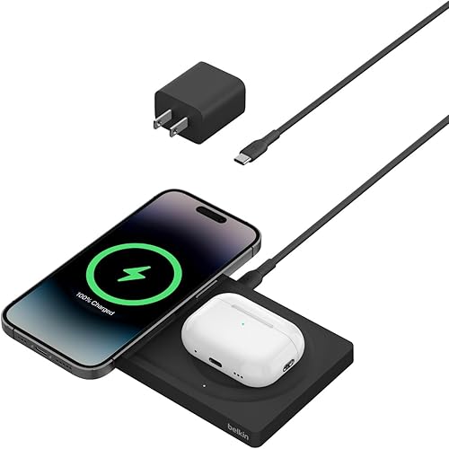 Belkin 2-in-1 Wireless Charging Pad with MagSafe 15W, Fast Charging iPhone Charger - Wireless Charging Station for iPhone 16, 15, 14, and 13 Series,