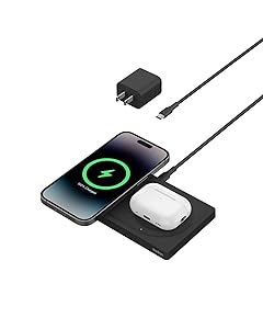 Belkin 2-in-1 Wireless Charging Pad with MagSafe 15W, Fast Charging iPhone Charger - Wireless Charging Station for iPhone 17, 16, 15, and 14 Series, AirPods, and Other MagSafe Enabled Devices - Black