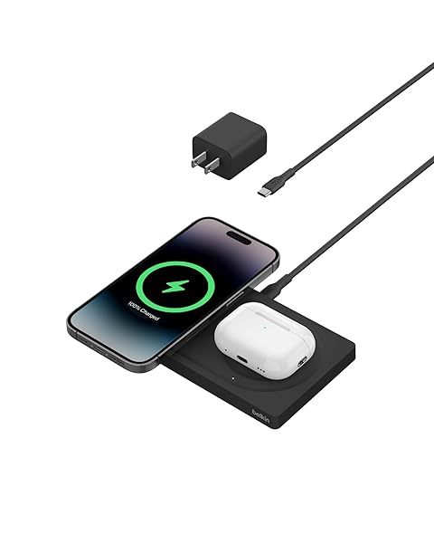 Belkin 2-in-1 Wireless Charging Pad with MagSafe 15W, Fast Charging iPhone Charger - Wireless Charging Station for iPhone 17, 16, 15, and 14 Series, AirPods, and Other MagSafe Enabled Devices - Black