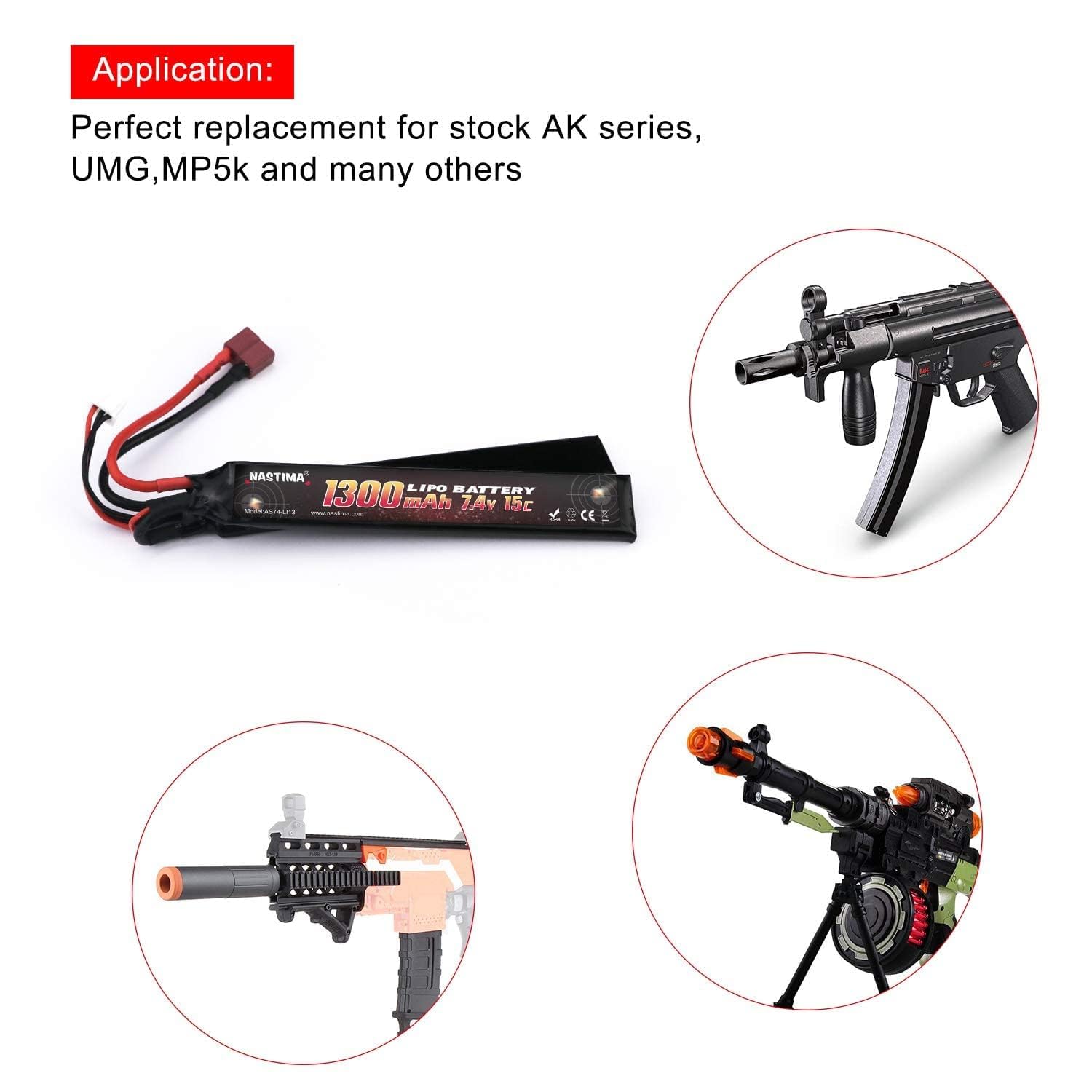NASTIMA 7.4V 1300mAh Airsoft Lipo Batteria,2S 15C Batteria A Farfalla Compatibile Con Connettore Deans-T Per Pistole Airsoft AK47, MP5K, MP5, Scar, M249, AUG, AEG