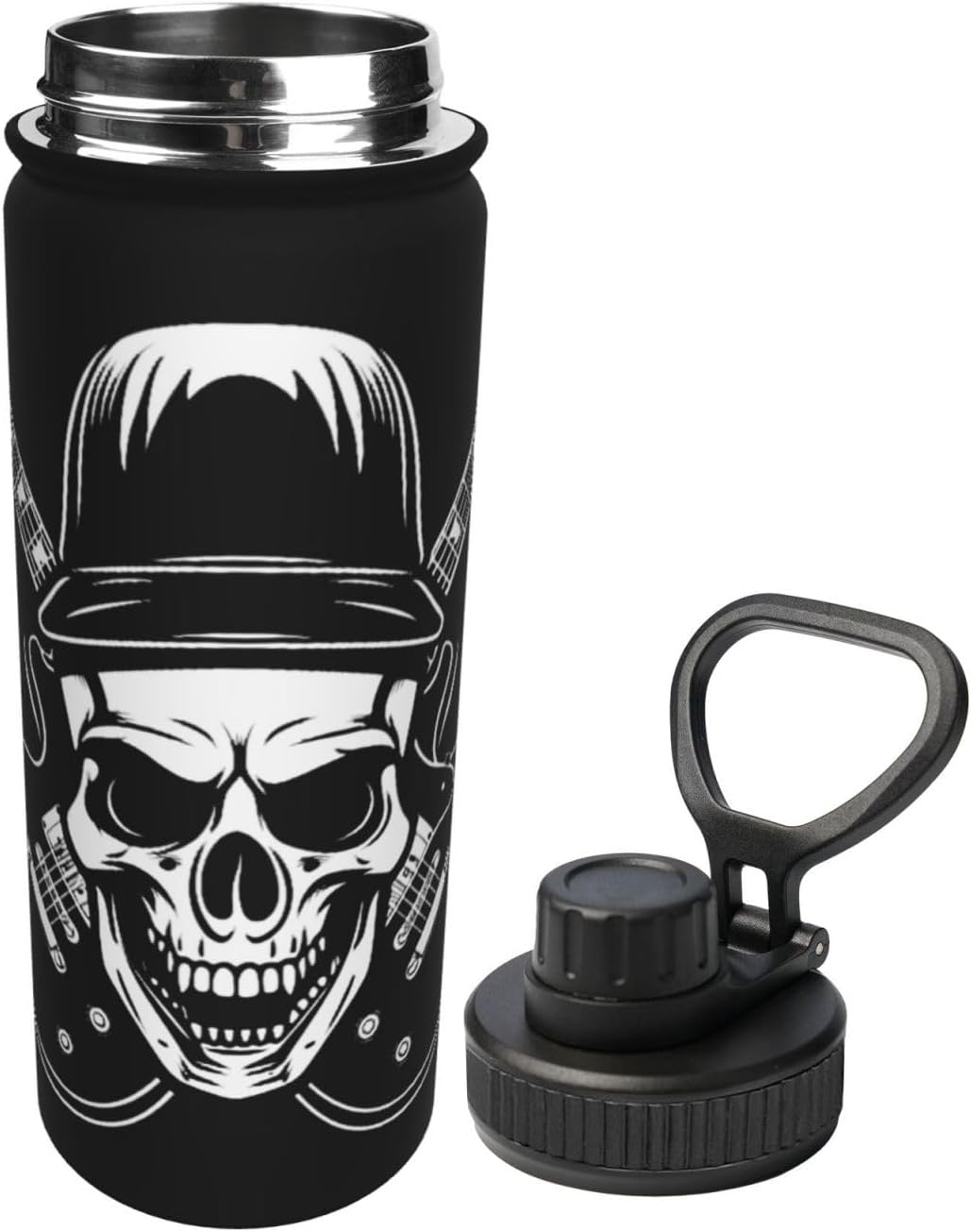 Skull with Guitars 18 oz Stainless Steel Water Bottles Insulated Sports Water Bottle with Spout Lid, Hippie Double Wall Travel Water Flask for Men Women