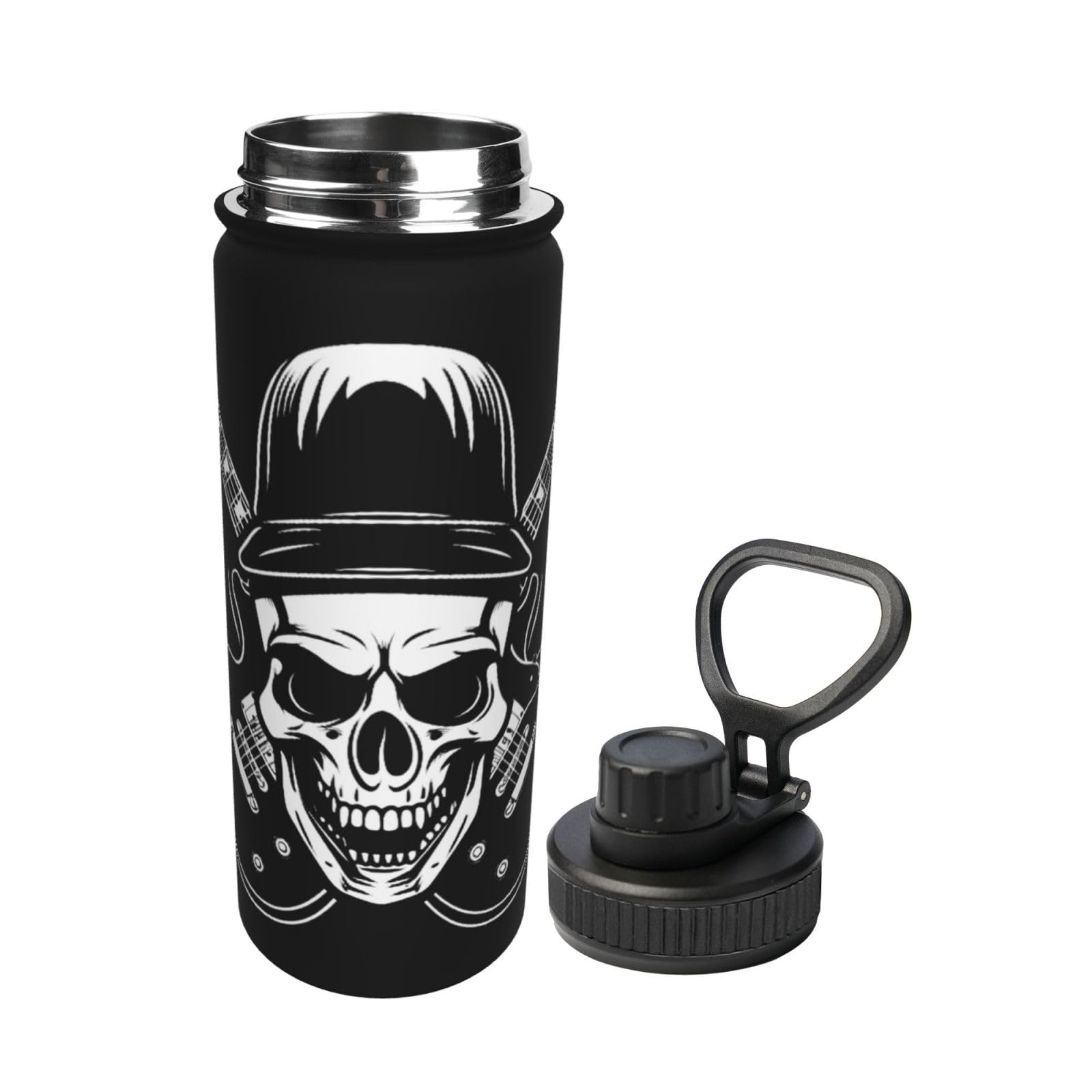 SHIRMDIY Skull with Guitars 18 oz Stainless Steel Water Bottles Insulated Sports Water Bottle with Spout Lid, Hippie Double Wall Travel Water Flask