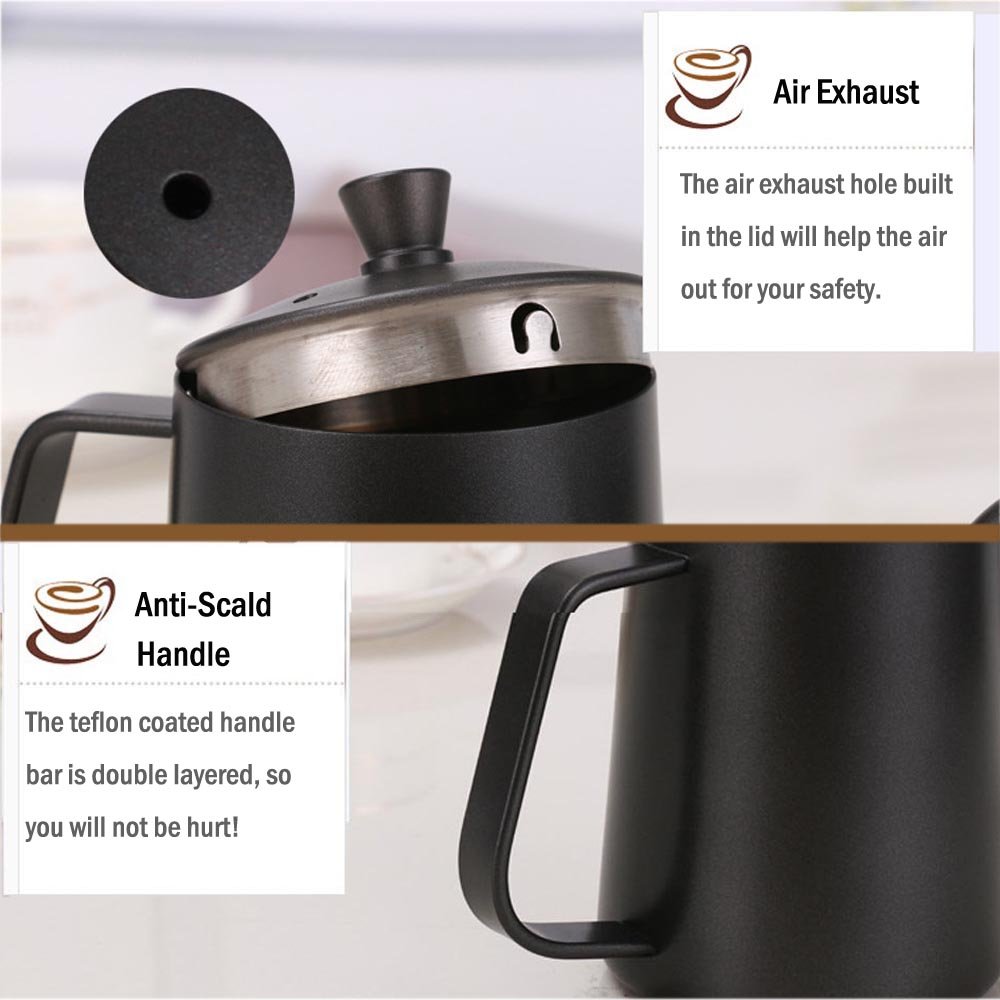 600ML Nero Teflon Rivestimento 5mm Stretto Becco Drip Bollitore con Coperchio per Caffè Servizio Drip Pot in Acciaio Inox Bollitore de te per Caffè Manuale