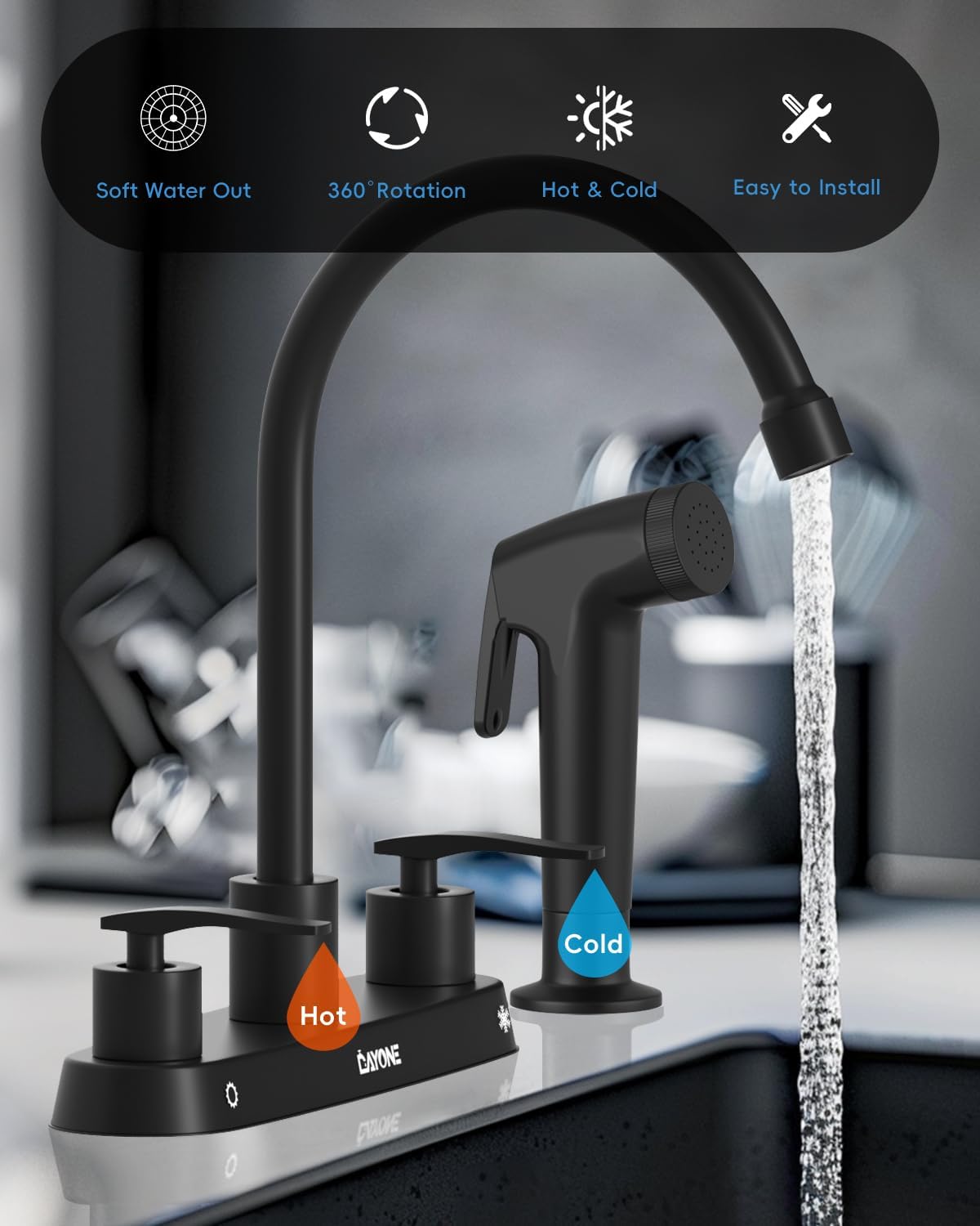 DAYONE Black Kitchen Faucet 2 Handles with Side Separate Sprayer, Matte Black Kitchen Sink Faucet High Arc Stainless Steel, 4 Holes Centerset Faucet for Kitchen Rv Laundry Bar, with Supply Lines - Image 5