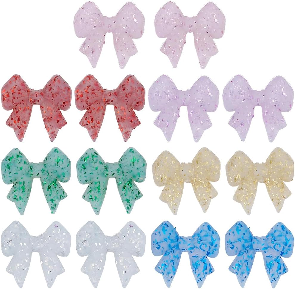 WEBEEDY 14 PCS 7 Color Sparkle Ribbon Bowknot Beads Glitter 3D Bow Silicone Focal Beads Bulk Bow Bead Charms for Beaded Pens Bracelet Keychain Jewelry Making DIY Craft Supplies Back to School Gift