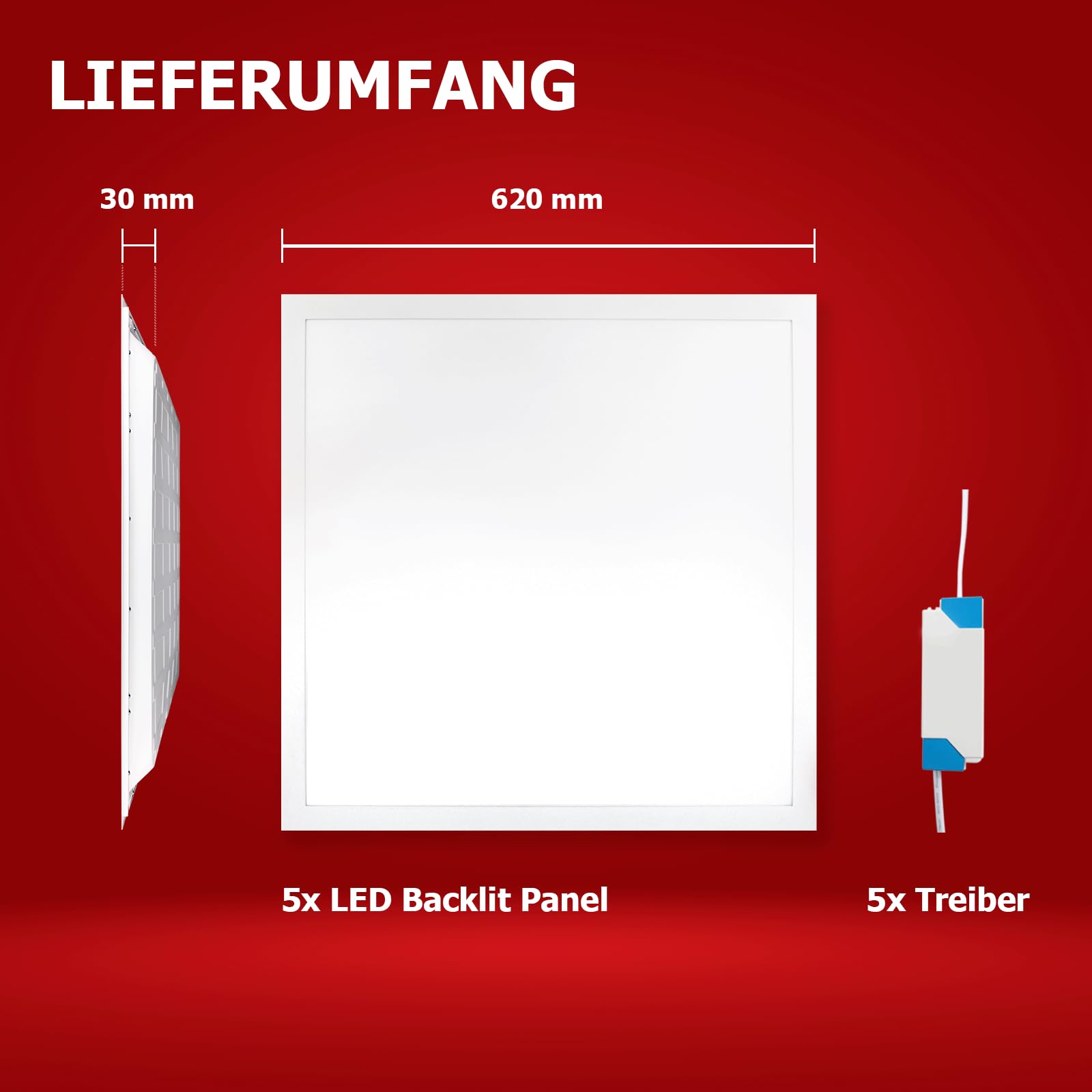 5x LED Panel 62x62cm 4000K 25W Rasterleuchte 4500lm flimmerfrei Deckenleuchte Energieeffizient Netzteil BLs2.0