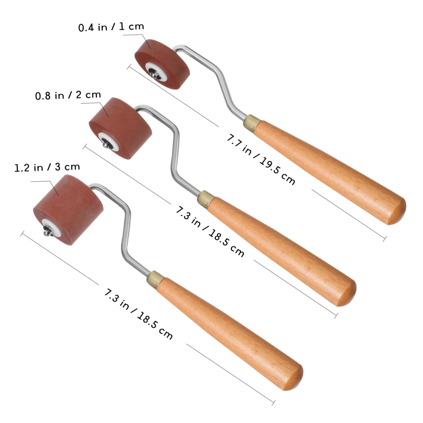 3 Stück Gummiwalze für Druck Druckwalze aus Gummi Holz und Edelstahl 1/2/3cm Rollenbreite für Kunstprojekte