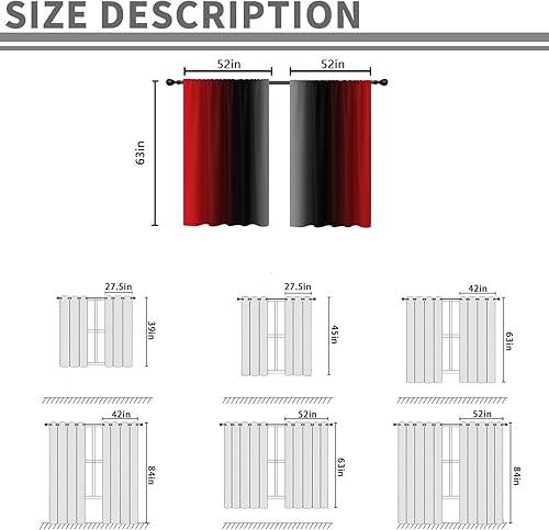 Miniatura 7 de Cortinas rojas y negras con degradado ancho burdeos gris gótico gótico diseño oscuro genial para hombres 52 pulgadas de ancho x 63 pulgadas de largo