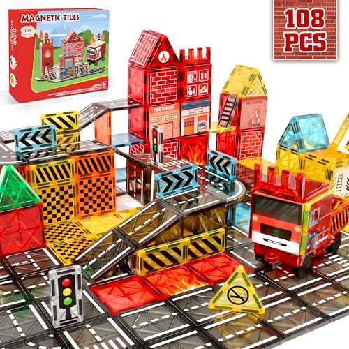 YOOHBERRYS Construcciones Magneticas Niños, 100 Piezas Bloques Magneticos Construccion con camión de Bomberos y Edificio, Magnetic Tiles Carretera Magnetica Niños Juguetes 3-8 Años