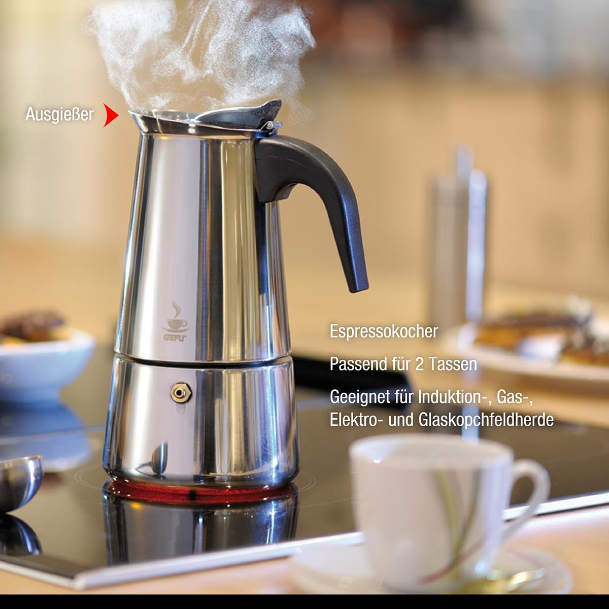GEFU GE16150 Emilio Cafetière Italienne avec 4 Tasses Acier Inoxydable Inox 11,5 x 9,4 x 18,2 cm