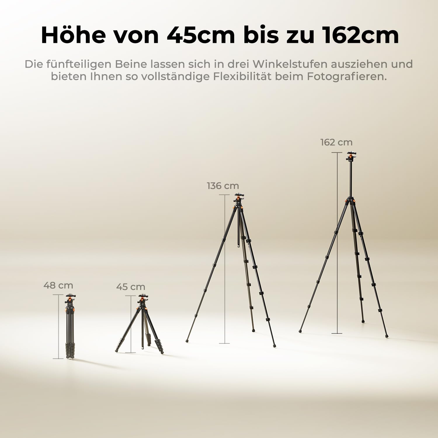 K&F CONCEPT Kamera Stativ Handy Stativ, Schwarz-Orange | Tripod für Smartphone mit Handy Tablet Halterung, Aluminium Reisestativ, Vorwärtsklappbar, 10KG+162CM, Kugelkopf A305A1+BH-40