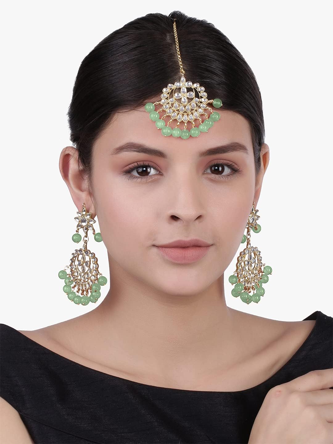 Aheli Beautiful Indian Traditional Wedding Faux Kundan Beaded Maang Tikka with Earrings Set Gift for Women Ethnic Bharatanatyam jewellery set Blue