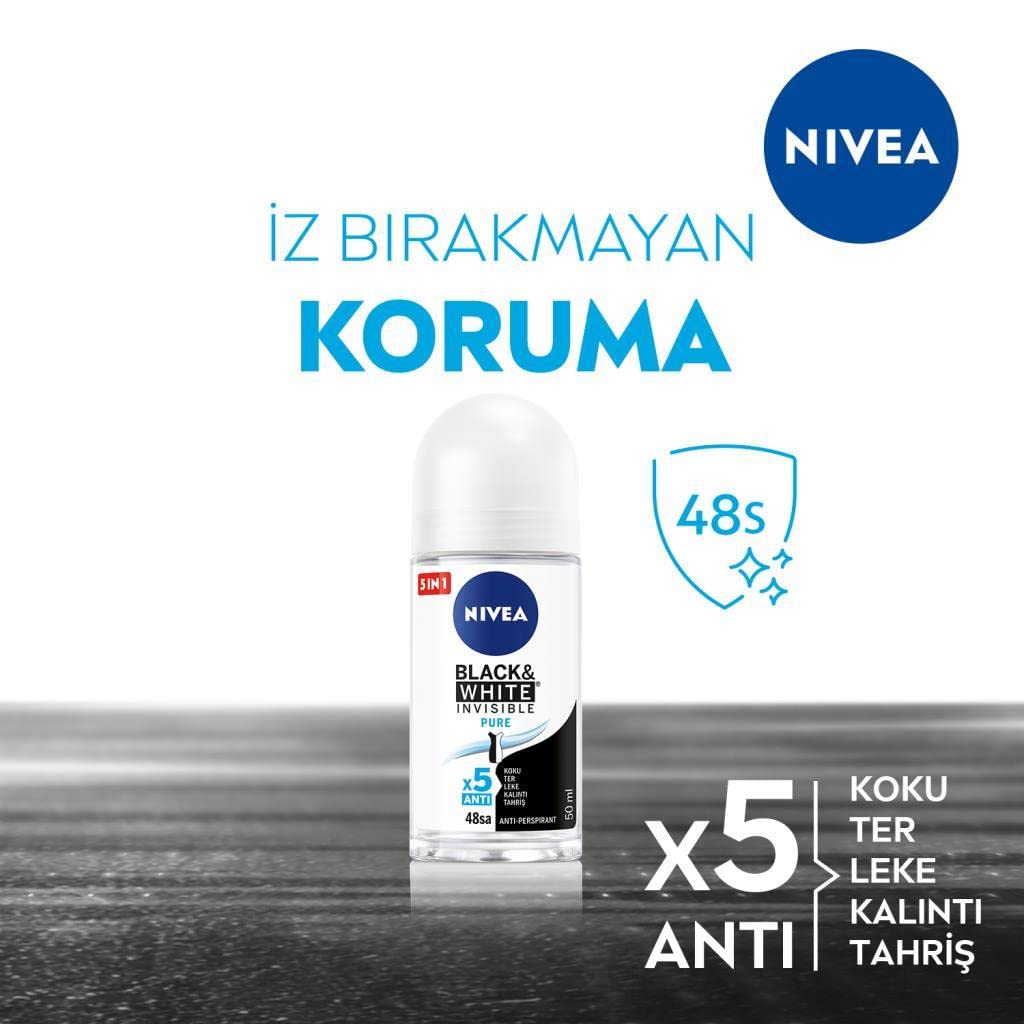 NIVEA Kadın Roll On Deodorant Black & White Invisible Pure 48 Saat Anti-perspirant Koruma (50 ml)