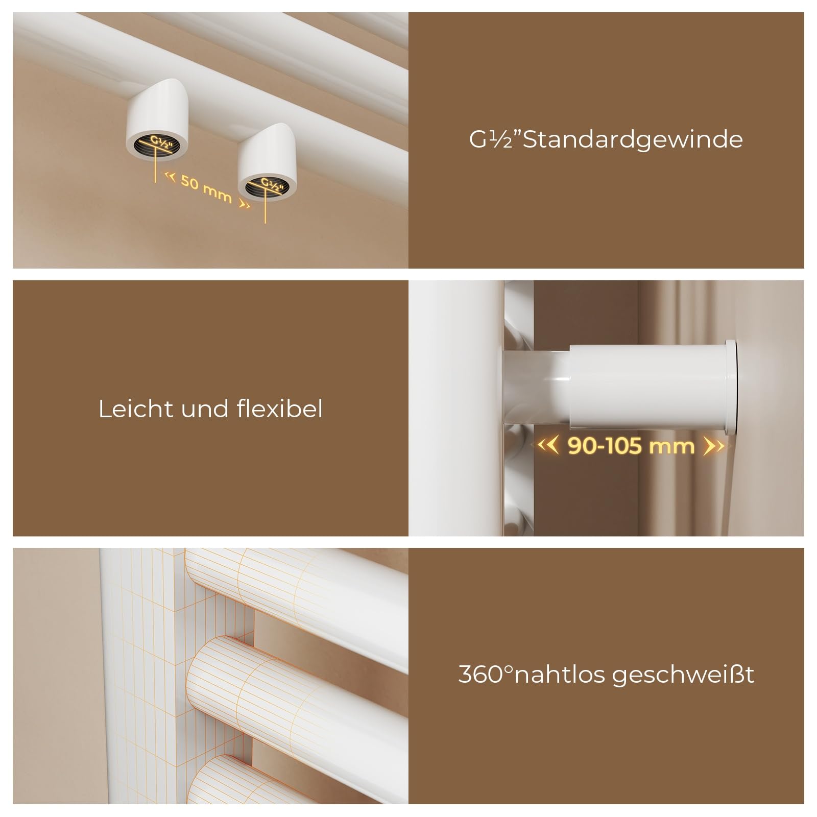 S'AFIELINA Badheizkörper 1600x600 mm Handtuchheizkörper Mittelanschluss Handtuchwärmer Heizkörper für bad,Wärmeleistung 761W, Heizkörper für Zentralheizung,wassergeführt, nicht elektrisch,Weiß