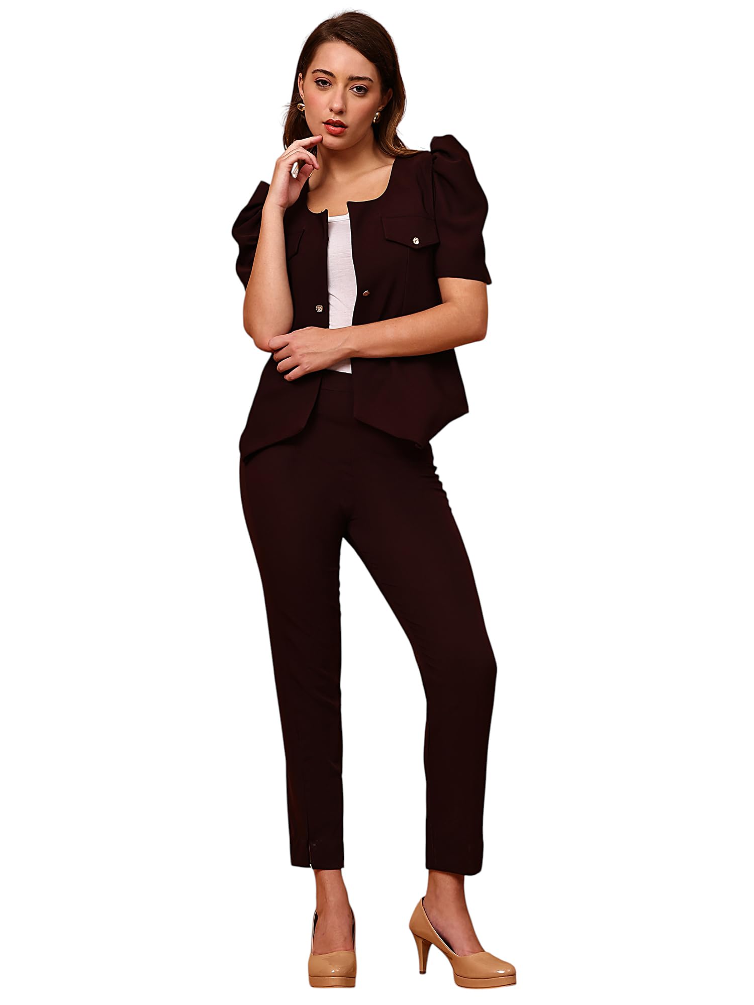 ananta ysela Trendy Brown CO-ORDS Set with Puff Sleeve Blazer & Slim Fit Pant for Women-picture-1