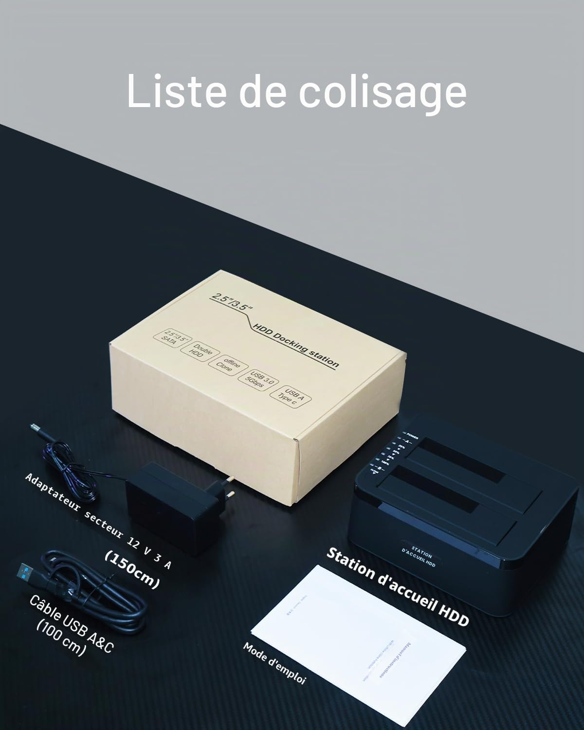 Dock Disque Durs Double Baie, RGB USB 3.0 Station Lecteur Disque Dur La Fonction de Clonage Hors Ligne Prend en Charge UASP Jusqu'à 2*20 to Double Baie pour HDD/SSD SATA 2,5/3,5 Pouces