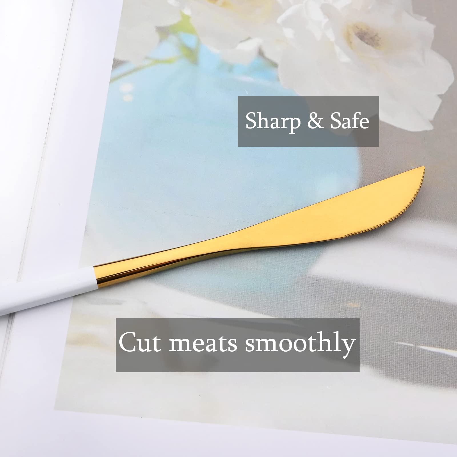 Snplowum 8-Piece Picnic Tableware Set, Mirror 18/0 Stainless Steel Couple Cutlery Set Include Knife, Fork, Spoon, Coffee Spoon, Metal Daily Basic & Classic Utensils For 2 People, White Gold