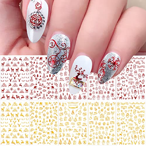 10 Sheets Christmas Nail Stickers, 3D Metal Gold Snowflake Nail Decals Red Snowflake Elk Snowman Santa Claus Tree Christmas Bell Xmas Winter Nail Art Design DIY Nail Decoration for Women Kids