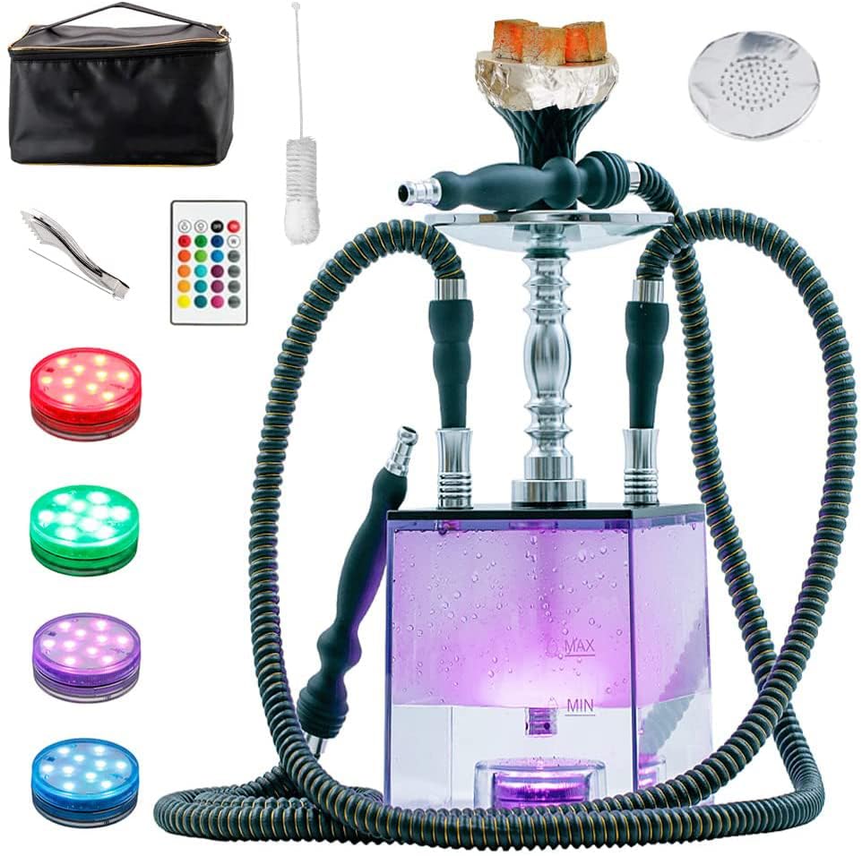 2 Hose Hookah Set with Travel Case Cleaning Brush ASANMA Micro Cube Acrylic Hookah with Silicone Bowl Coal