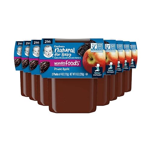 Gerber Baby Food 2nd Foods - Mezcla de puré de ciruelas pasas con manzana, natural y sin OMG, tarros de 4 onzas, 2 paquetes con 8 unidades (16