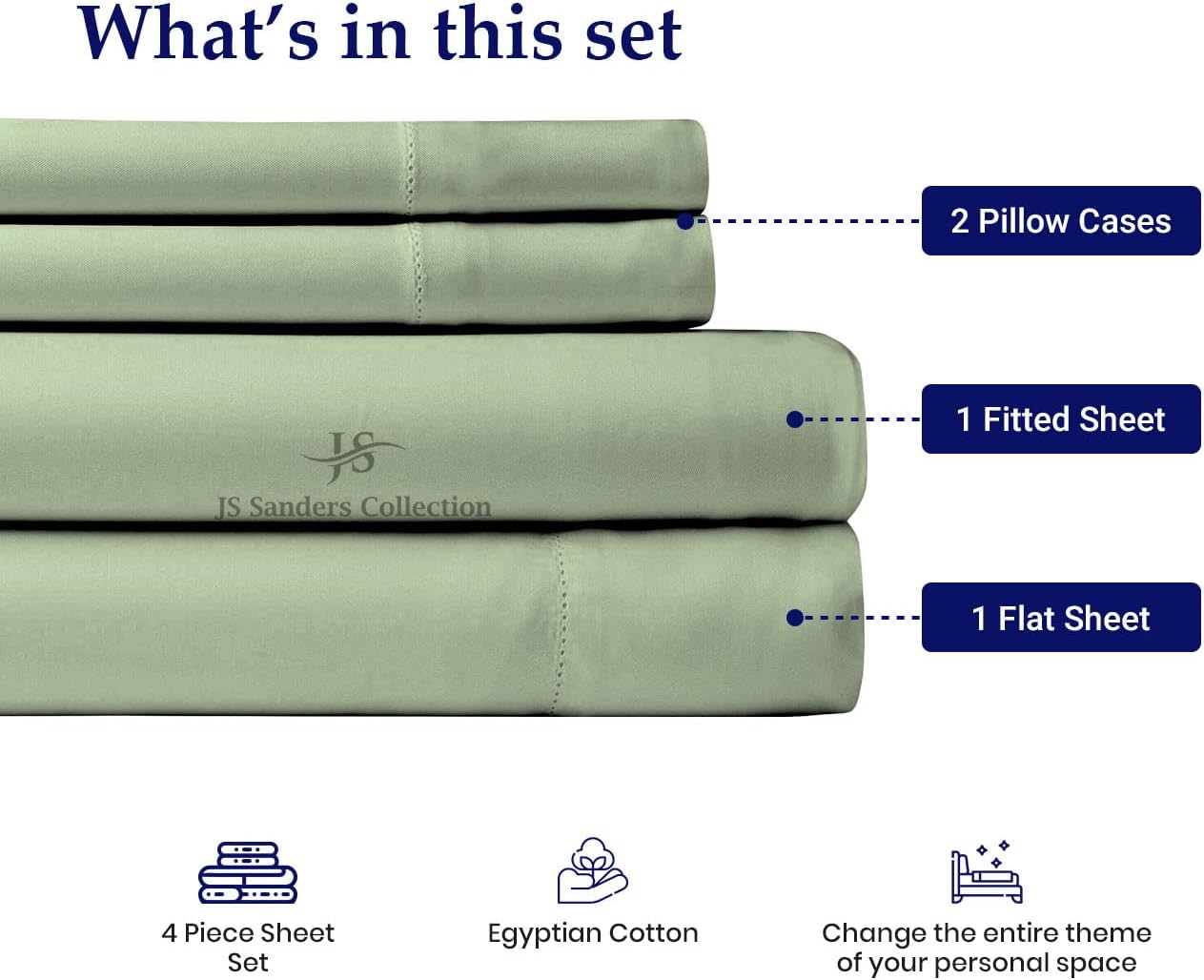 JS Sanders Collection Split Head Queen Sheet Set – 34" Flex Head Split – 100% Cotton, 600 Thread Count – Deep Pocket 4PC Adjustable Bed Sheet Set (Moss)