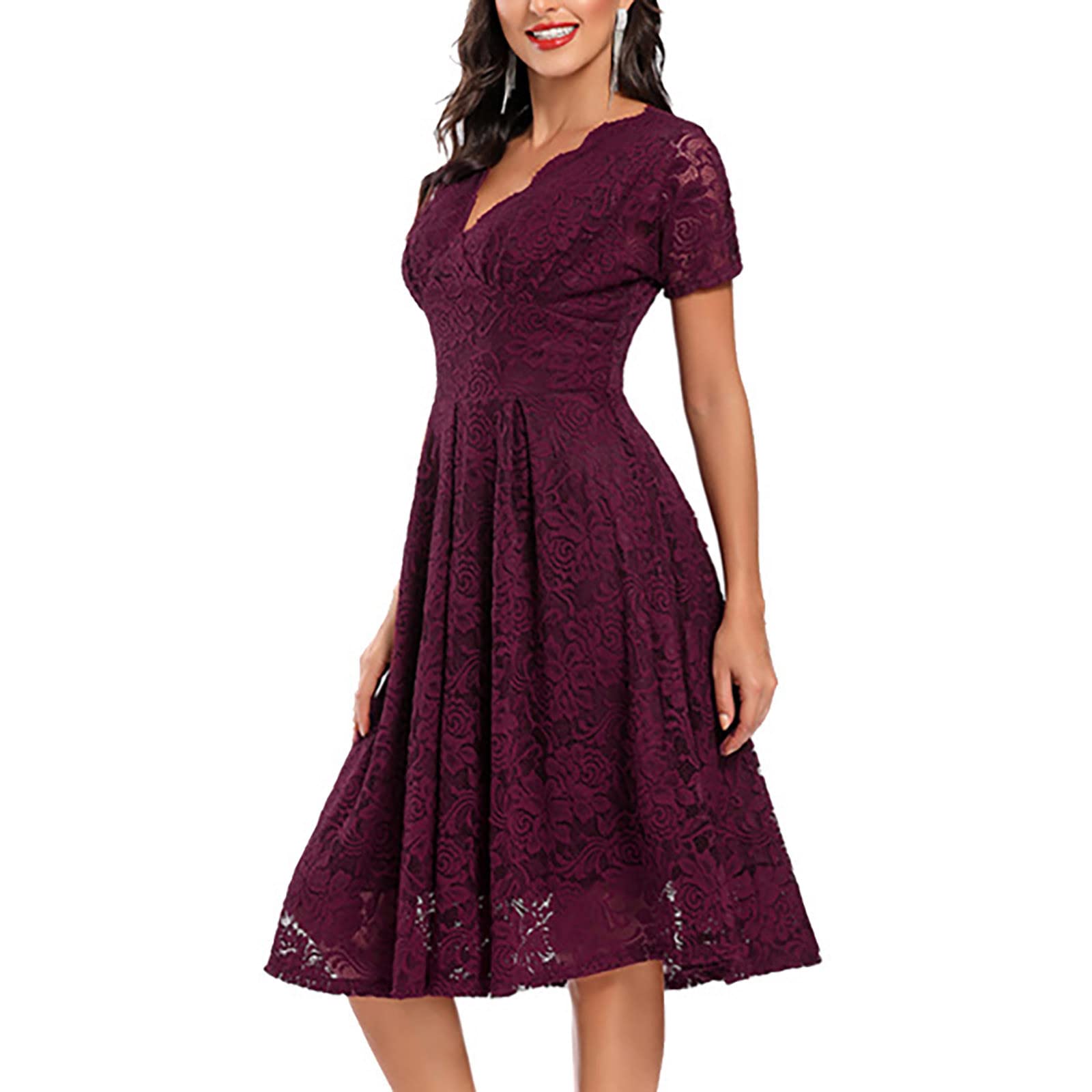 Kleid Hochzeitsgast Damen Lang Spitze mit Ärmel Festliche Kleider Für Damen Hochzeit Midi Sommerkleid V Ausschnitt Elegant Midikleid A Linie Schwingen Sommerkleider Leicht Und Luftig Abendkleid