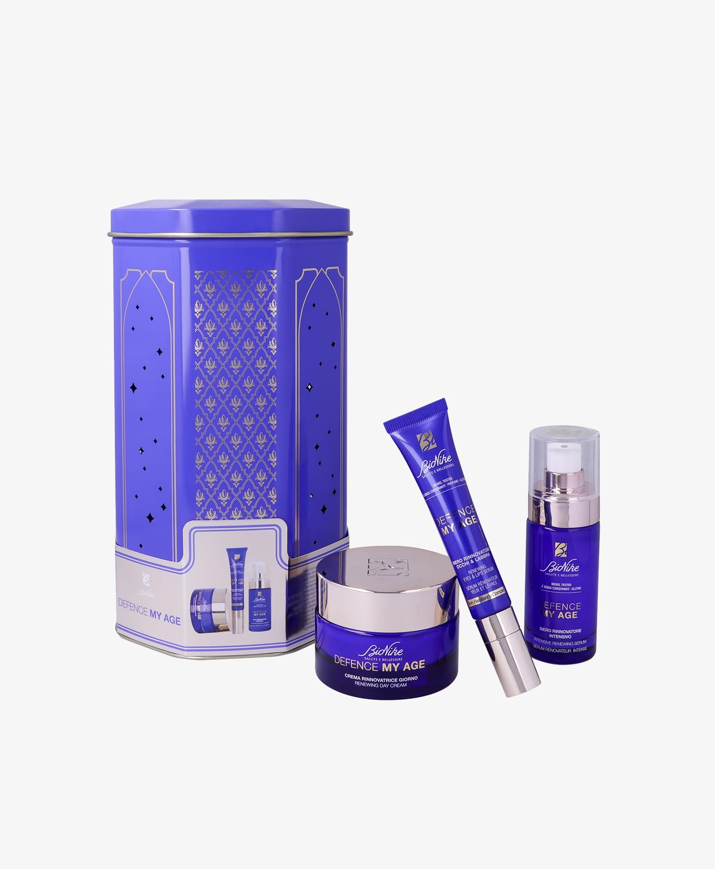 BioNike Geschenkset für Damen, Anti-Age Defence My Age – Intensiv erneuerendes Gesichtsserum 30 ml, erneuerende Gesichtscreme Tag 50 ml, erneuerendes Serum für Augen und Lippen 15 ml für reife Haut