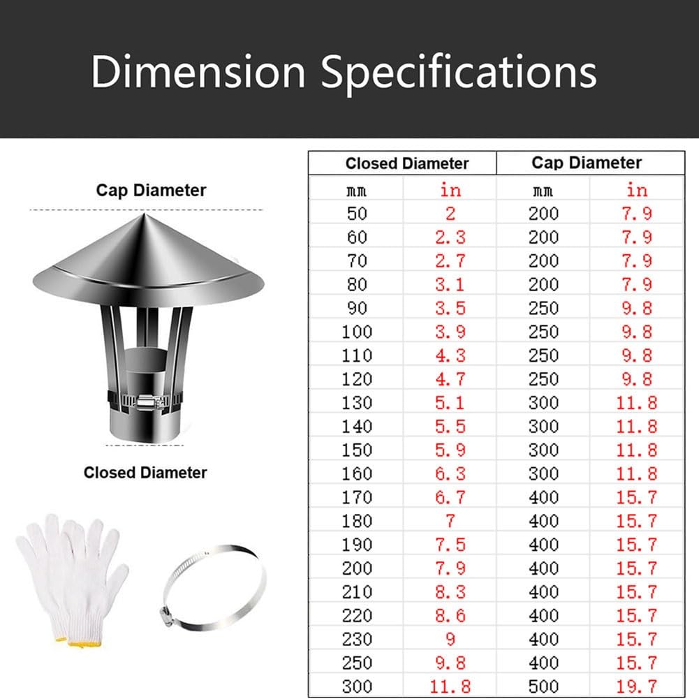 Tapa para chimenea, cubierta para conducto de chimenea de acero inoxidable 304 con tiras metálicas ajustables y guantes(150 mm/5.9 in)