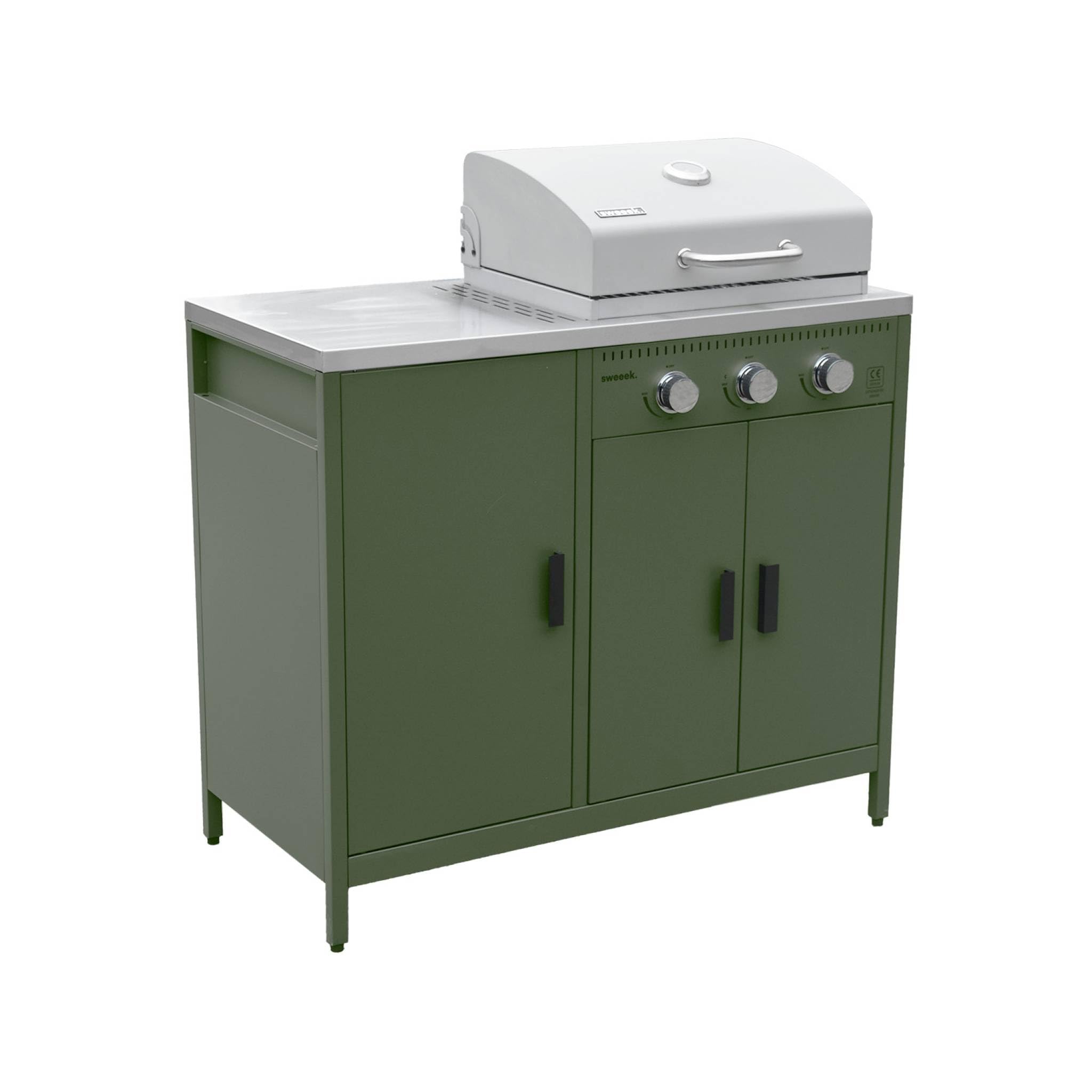 Cucina da esterno 3 moduli con barbecue a gas 3 bruciatori su piedi, termometro Verde - 100x51x87.5 cm