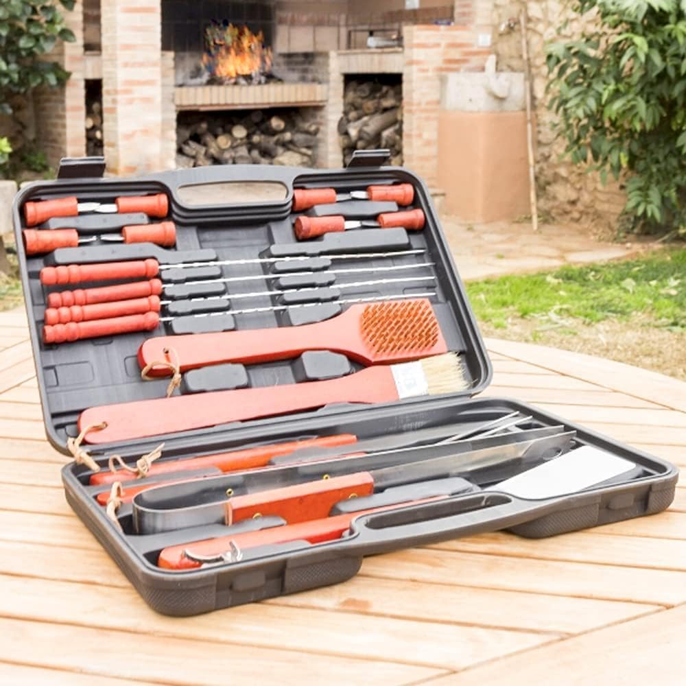 Kit Barbacoa - Juego de utensilios para barbacoa, utensilios de barbacoa, juego de herramientas para viajes, jardín, maletín, acero inoxidable y madera