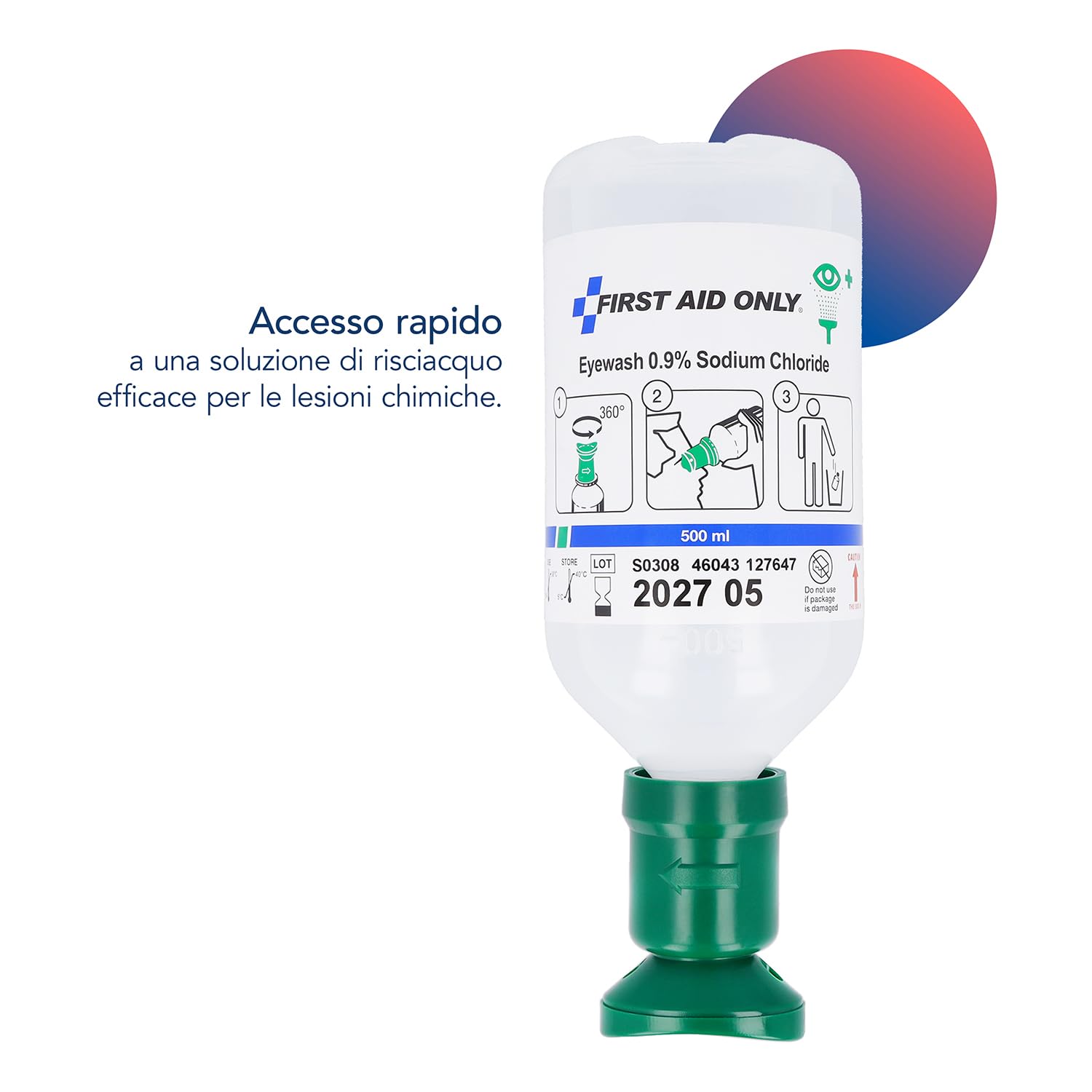 First Aid Only Flacone per lavaggio oculare 500 ml di soluzione di cloruro di sodio (0,9%) | Doccia oculare di primo soccorso con soluzione salina | Pulizia efficace degli occhi | P-44011 00