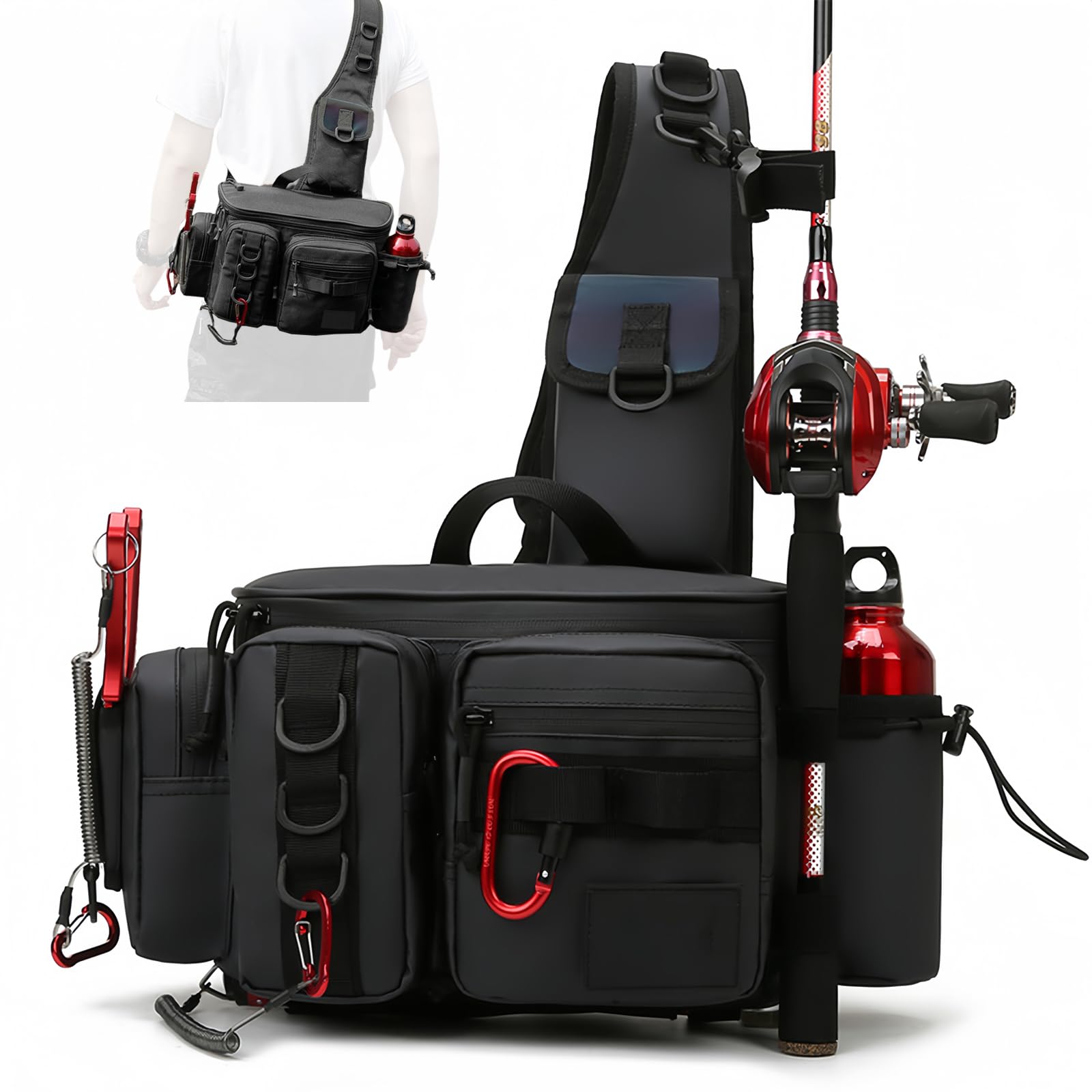 Fishing Tackle Backpack Fishing Fanny Pack Crossbody Bag Fishing Tackle Box Organizer with Rod & Gear Holder, Ideal for Fishing, Camping, Hiking and