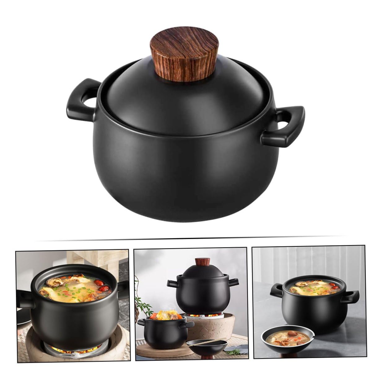 Casseruola e Non Facile da Rompere da 2,5l in Ceramica per Uso Domestico con Manico Spesso in Legno, Resistente al Calore per Stufati e Zuppe su Fornello a Gas