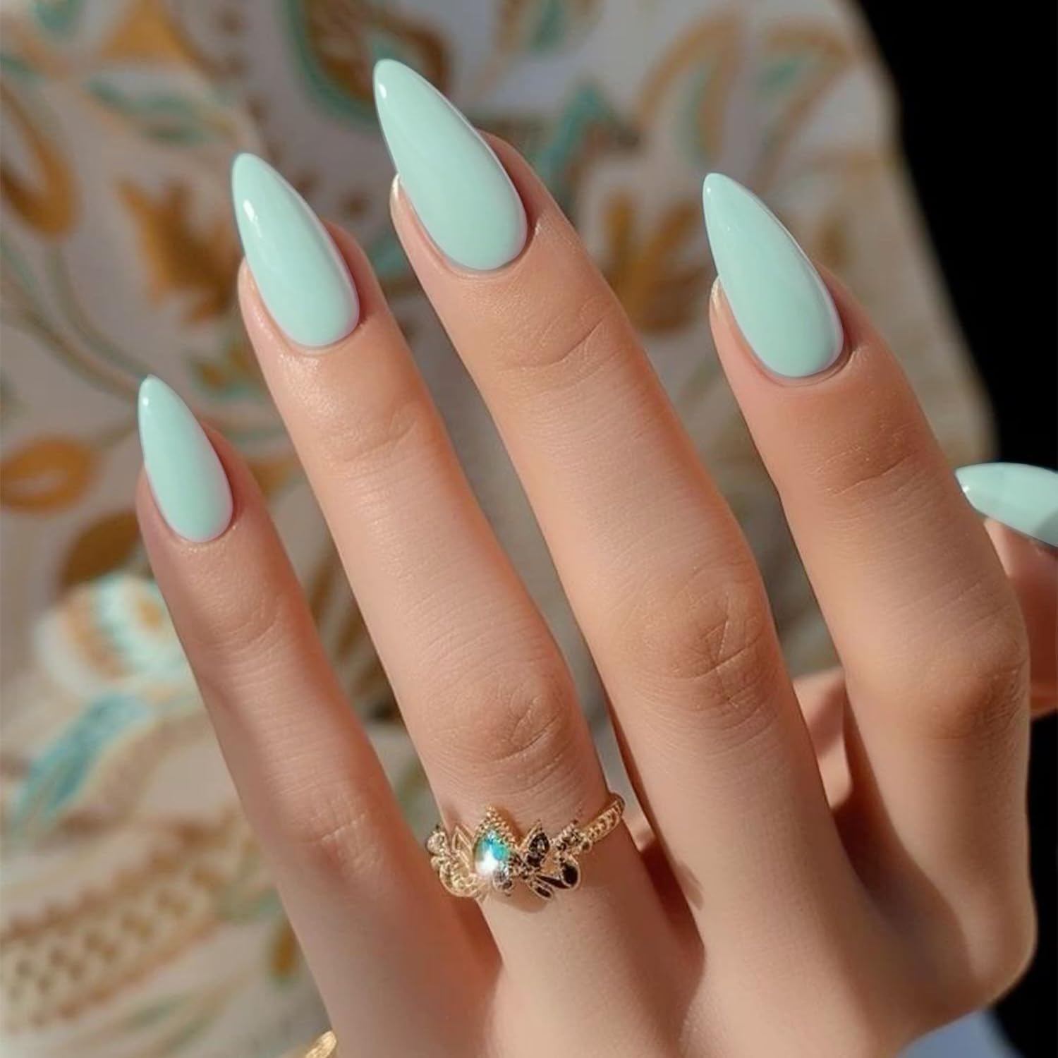 KQueenest Soft Gel Press on Nails Almond Medium, Mint Green False Nails Almond, Glossy Solid Color Stiletto Fake Nails Set - Image 3