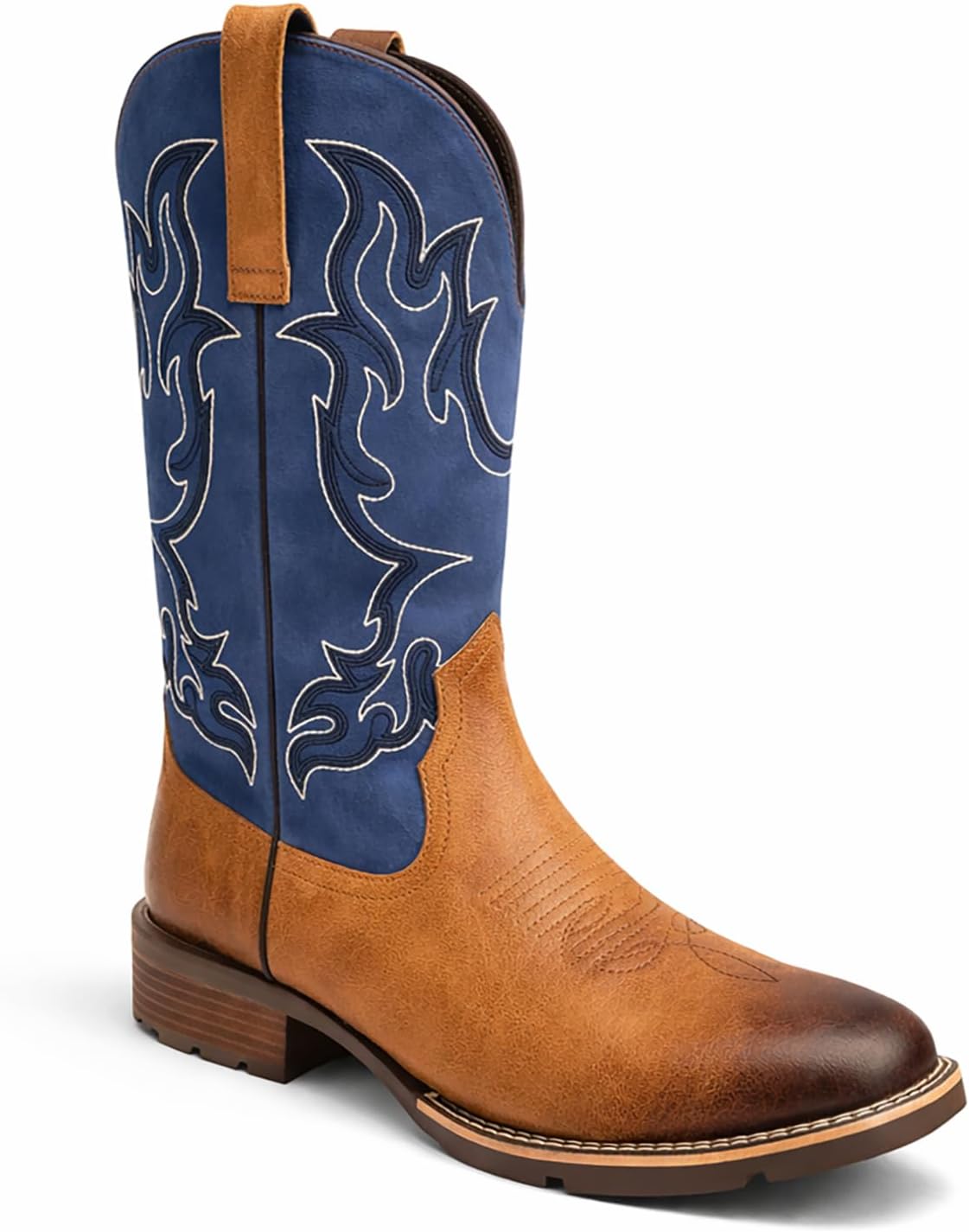 Men's Cowboy Boots with Square Toe, Classic Embroidered Two-Tone Western Boots, Faux Leather Pull-On Mid Calf Boots for Men