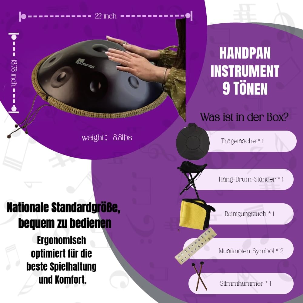 Handpan Trommel 22 Zoll 9 Töne D-Moll 440Hz (Violett) | elektroplierter rostfreier Edelstahl, geeignet für Straßenmusik, Live und Musizieren
