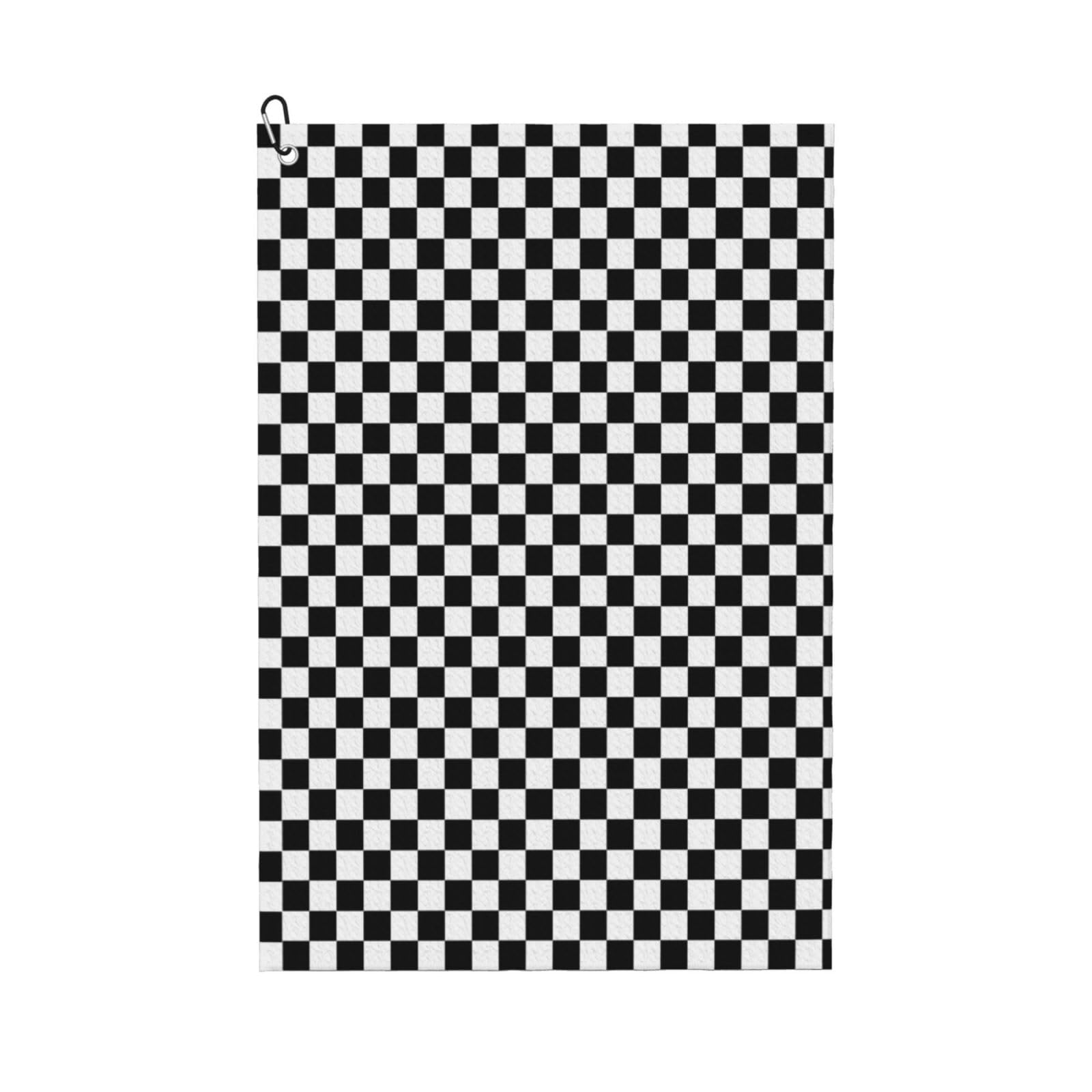 Hnnkloy Classic Black And White Race Check Checkered Geometric Win, 16x24 in Portable Waffle Golf Towels with Carabiner Clip for Golf Bag