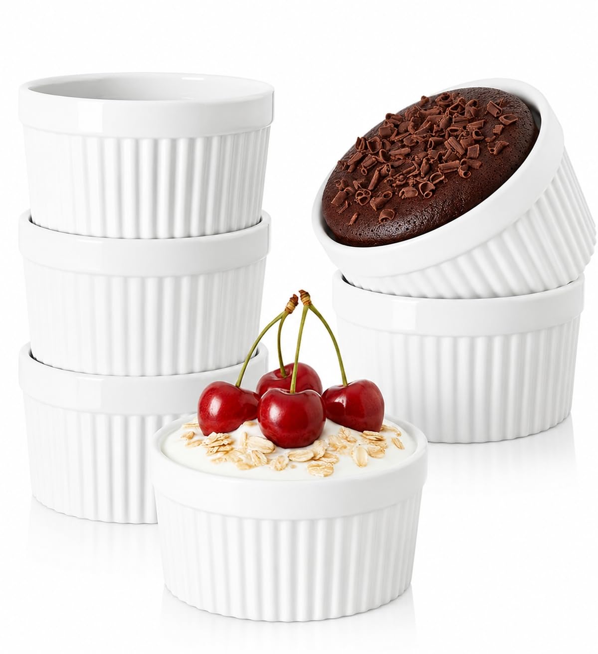 Ramekin Bowls 6 OZ,WERTIOO 6 PCS Bakeware Set for Baking and Cooking, Oven Safe Sleek Porcelain Colorful Ramikins for Pudding, Creme Brulee, Custard Cups and Souffle Small Instant Table Tray